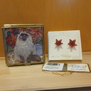 1997 Via Vermont Trinket Box Cat with Poinsettias Earrings